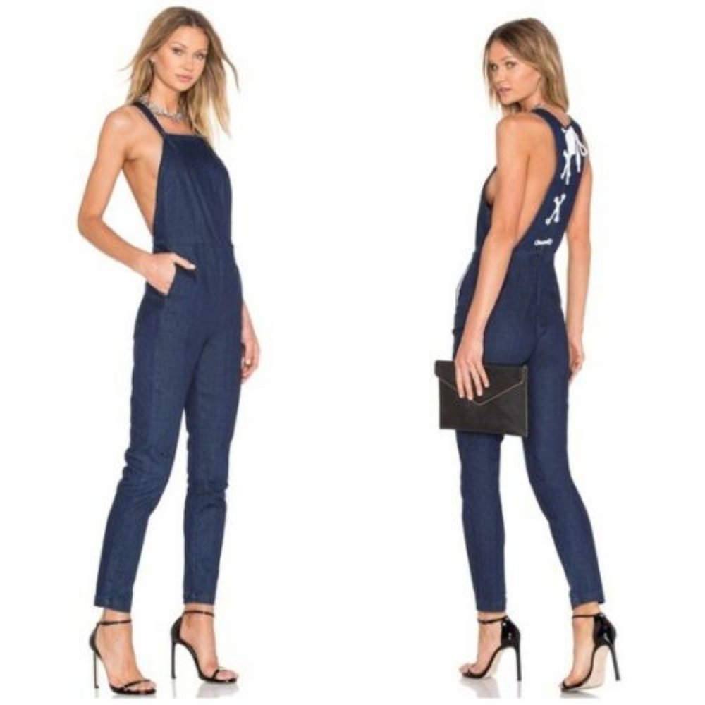 KENDALL + KYLIE Denim Lace Up Blue Jean Open Side Boob Pants Overalls Jumpsuit L
